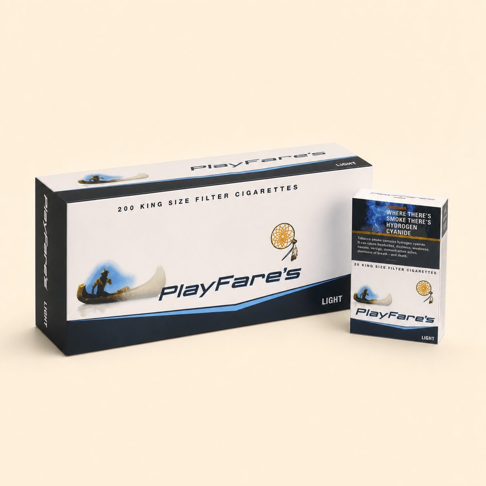 Playfare's Lights cigarette carton — demonstration product image